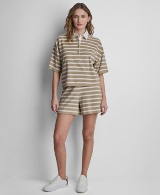 Women's Towelling Terry Stripe Boxy Polo Top and High-Rise Pull-On Shorts