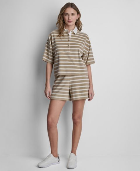 Женские комплекты DKNY Jeans Towelling Terry Stripe Boxy Polo Top and High-Rise Pull-On Shorts, цвет: Сливочный