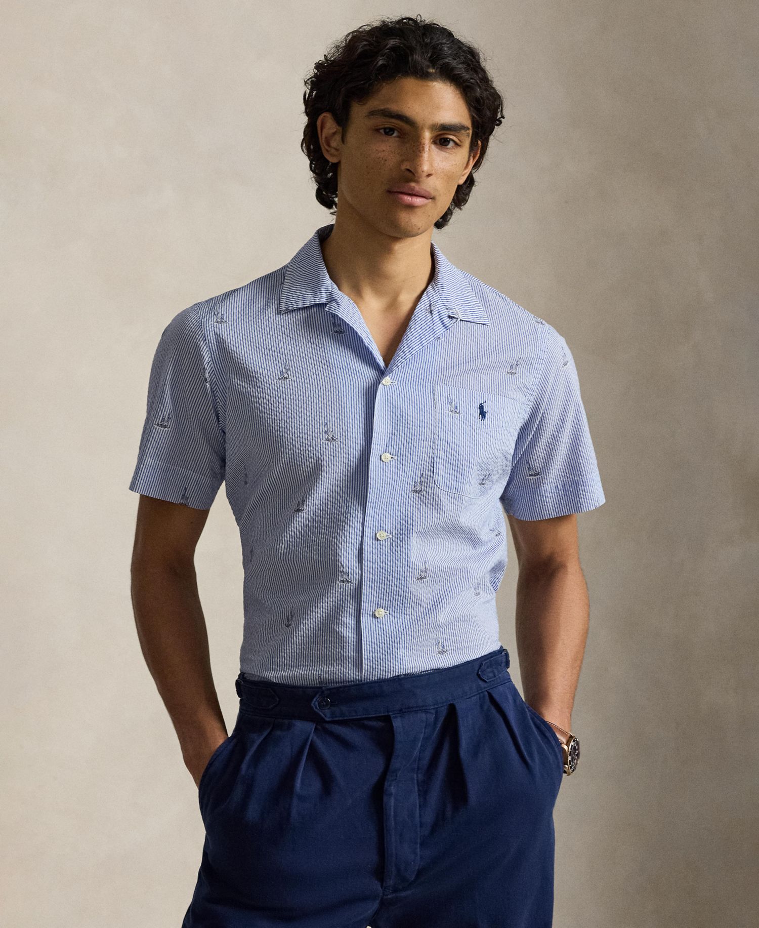 Men's Classic-Fit Sailboat Seersucker Shirt