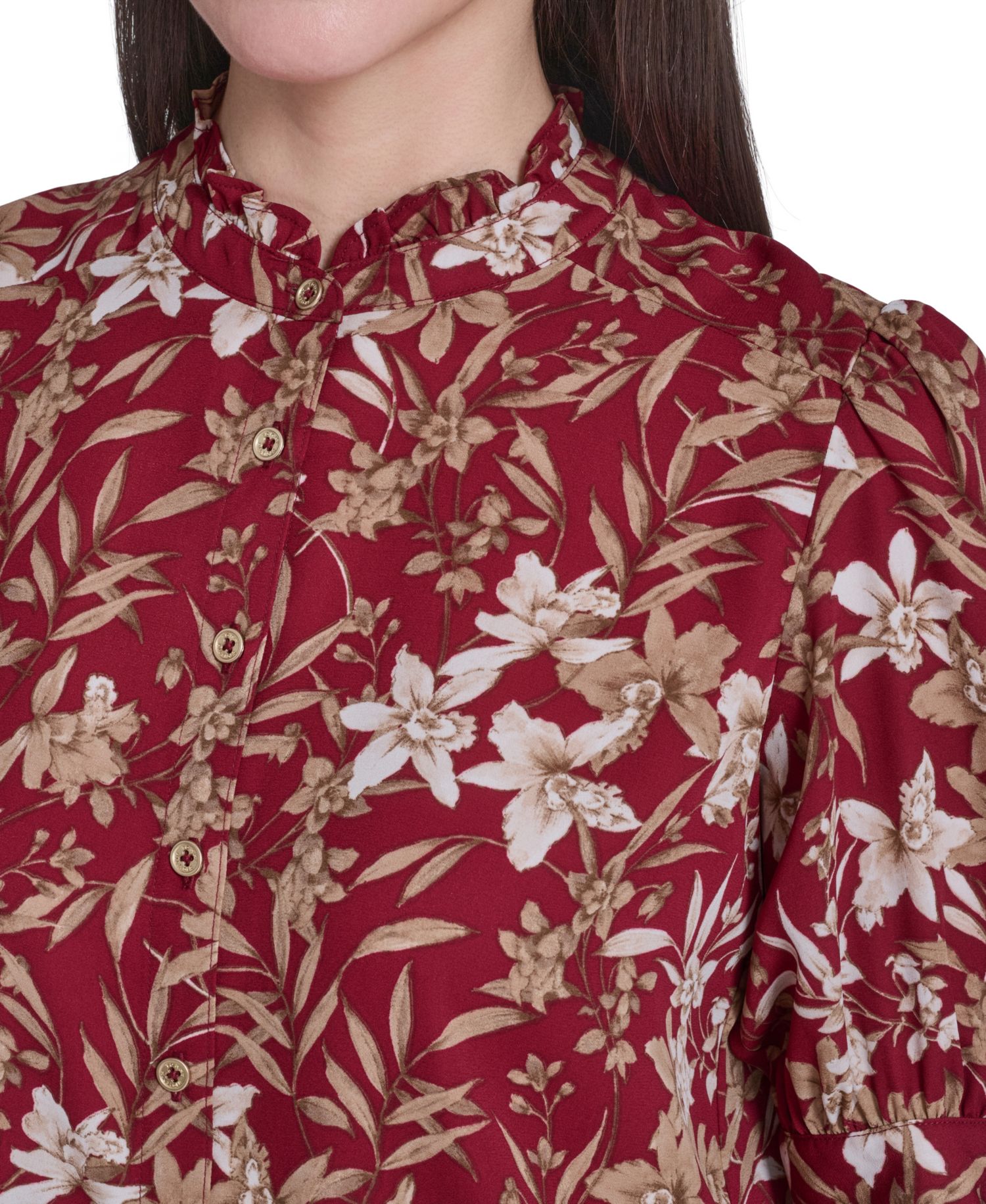 Women's Ruffle Puff-Sleeve Collared Shirt