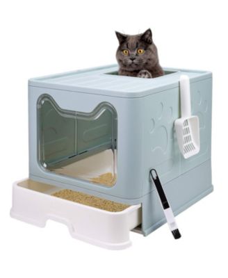 ARONKL - Foldable Cat Litter Box Enclosed Top Entry Anti-splashing Large Private Space Easy Clean With Scoop 2-in-1 Brush Blue