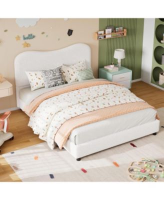 Kids Bed Frame Velvet Upholstered Headboard Low Platform Wood Slats Noise Free No Box Spring