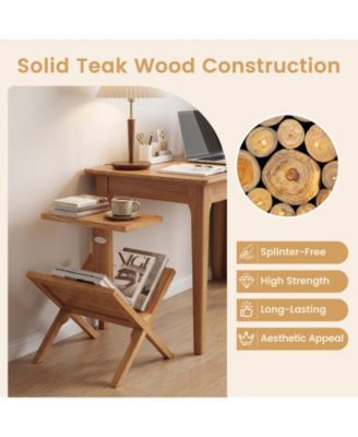 Teak Wood 2-Tier Side Table with Built-In Magazine Rack