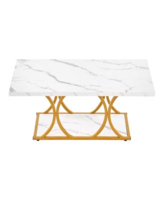 Coffee Table, Modern Faux Marble, 2-Tier Rectangle Desk with Geometric Legs