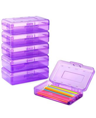 6 pack Plastic Pencil Case Crayon Pen Organizer Snap Lid Stackable Craft Storage Box