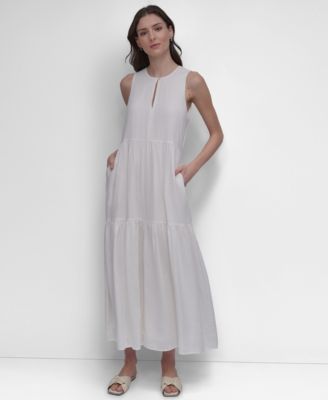 Women's Sleeveless Keyhole Crewneck Tiered Maxi Dress