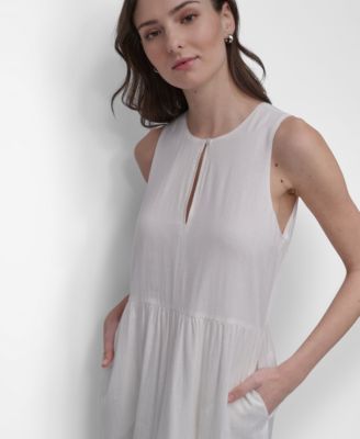 Women's Sleeveless Keyhole Crewneck Tiered Maxi Dress