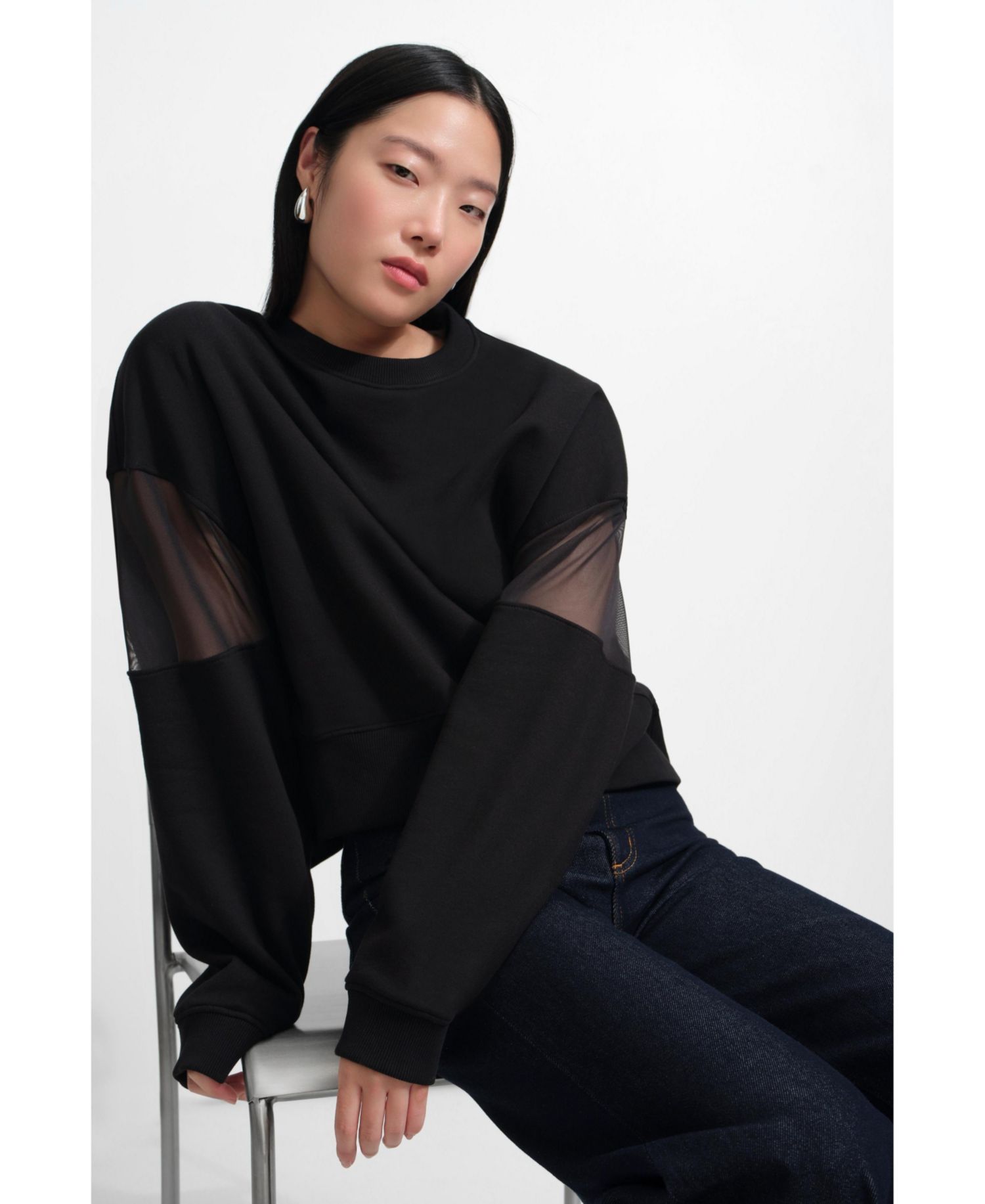 Women's Iara Mesh-Sleeve Panel Dropped-Shoulder Ribbed-Hem Sweatshirt