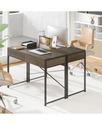 44” Home Oak Office Desk with 2 Storage Drawers and Metal Frame