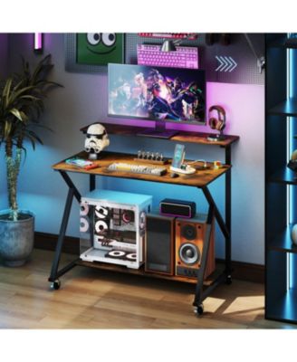 Rolling Workstation Desk with Monitor Shelf and Charging Storage