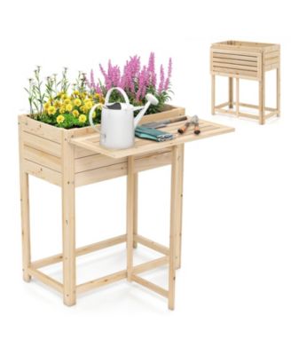 Wooden Raised Garden Bed w/ Legs Foldable Side Table Drainage for Flower Herb