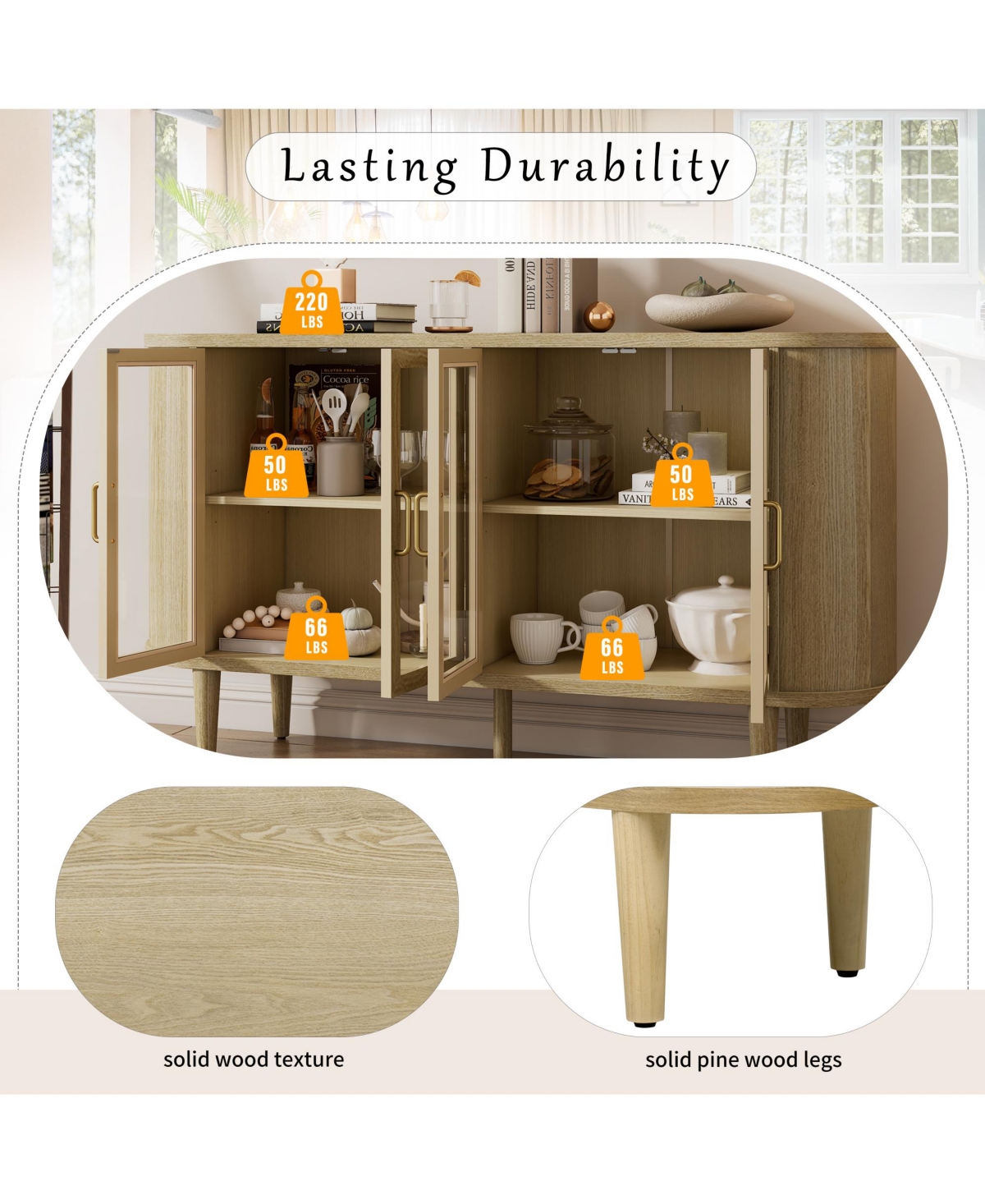 Rainsken Farmhouse Buffet Sideboard with Glass Doors, Adjustable Shelves and Cable Management, Wood Storage Cabinet for Dining Room and Living Room