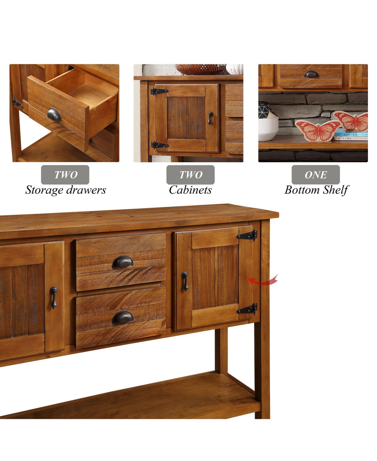 Rainsken Solid Wood Sideboard Console Table, Retro Style Storage Dining Buffet Cabinet with 2 Drawers, Cabinets and Bottom Shelf for Living Room