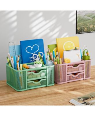 Mesh Desk Organizer Pen Holder 2 Drawer 5 Compartments Office