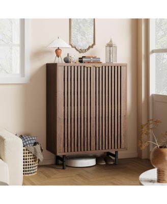 Louvered Shoe Cabinet with Doors, Walnut, 6 Tier Entryway Storage for 24 Pairs