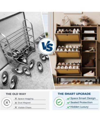 Rattan Shoe Cabinet with 3 Flip Drawers and Metal Legs, 20.08 x 9.25 x 51.38 in