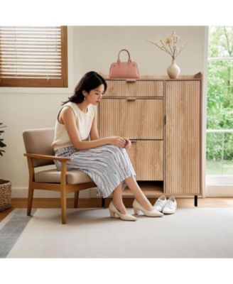 Oak Wavy Shoe Cabinet with 2 Flip Drawers and 2 Small Drawers, Metal Legs, 9.45 in Deep Slim Entryway Storage Organizer