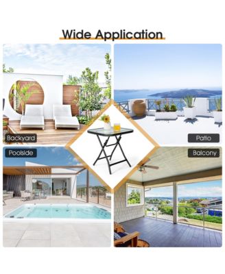 18'' Foldable Patio Side Table Square Coffee Bistro Table w/ Tempered Glass Table Top