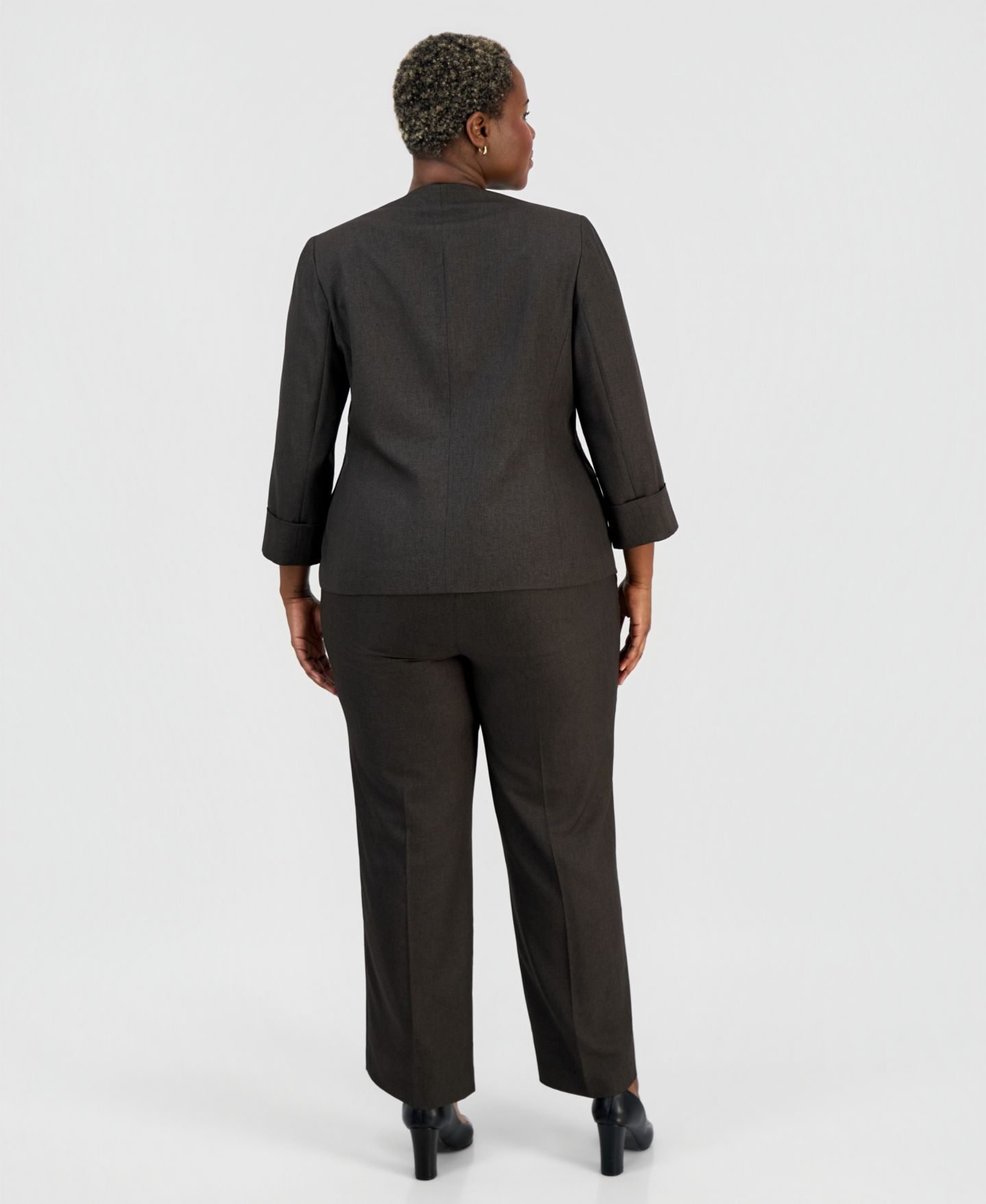 Женские комплекты Le Suit Plus Size Collarless One-Button Jacket & Fly-Front Wide-Leg Pants Suit, цвет: Тёмно-коричневый разноцветный — фото 2