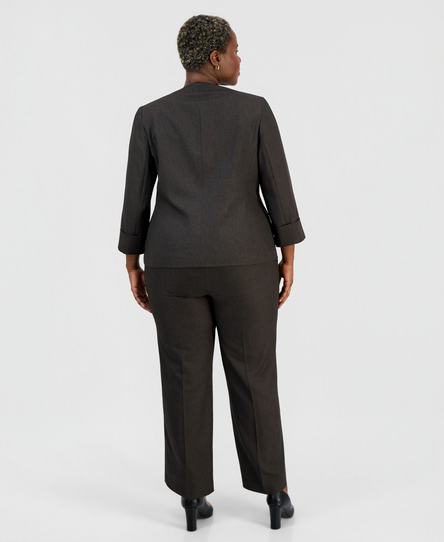 Plus Size Collarless One-Button Jacket & Fly-Front Wide-Leg Pants Suit