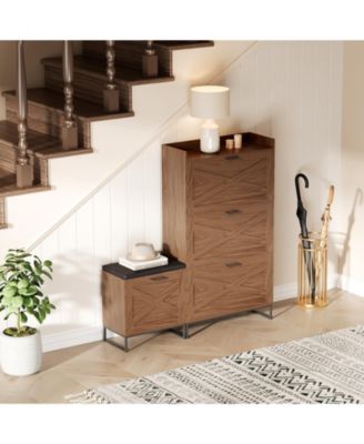 Farmhouse Shoe Cabinet with 4 Flip Drawers and Upholstered Bench, Walnut Entryway Storage
