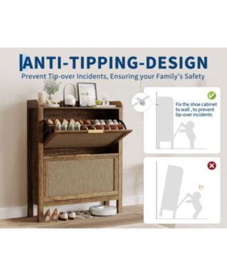 Farmhouse Rattan Shoe Cabinet with 2 Flip Drawers, Brown, 32 in Narrow Entryway Storage