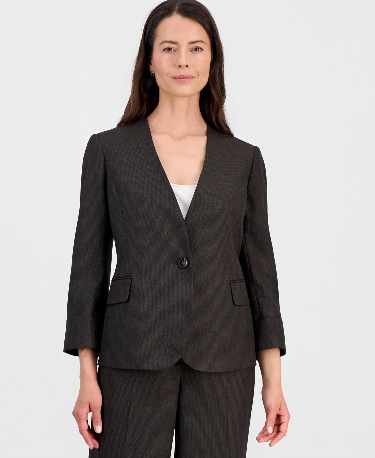 Women's Collarless One-Button Jacket & Fly-Front Wide-Leg Pants Suit