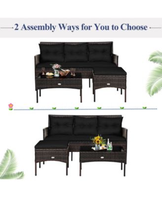 3-Piece Outdoor Rattan Sectional Sofa Set with Ottoman and Coffee Table