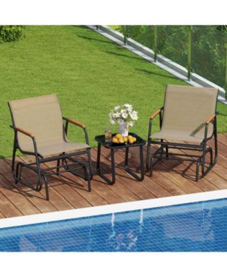 3-Piece Outdoor Glider Bistro Set with Teak Wood and Glass Table