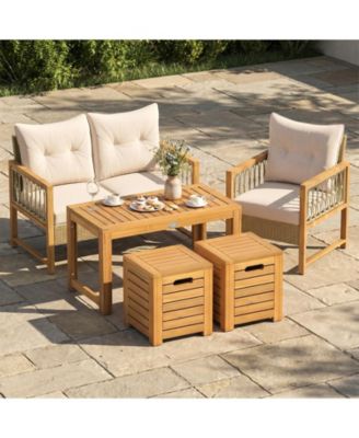 3-Piece Acacia Wood Outdoor Coffee Table and Stool Set with Storage
