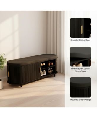 2-Tier Storage Shoe Bench Thickened Padded Seat Mid Century Modern Fluted Sliding Door Adjustable Shelf