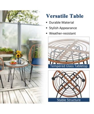 3-Piece Patio Rattan Bistro Set with Cushioned Armchairs