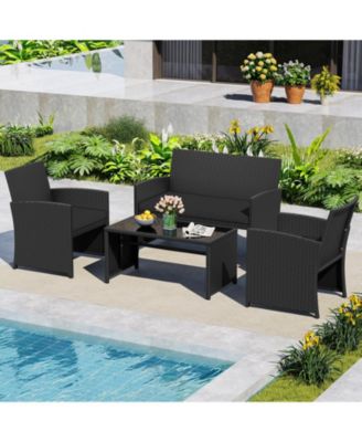 4-Piece Patio Rattan Furniture Set with Removable Cushions and Glass Table