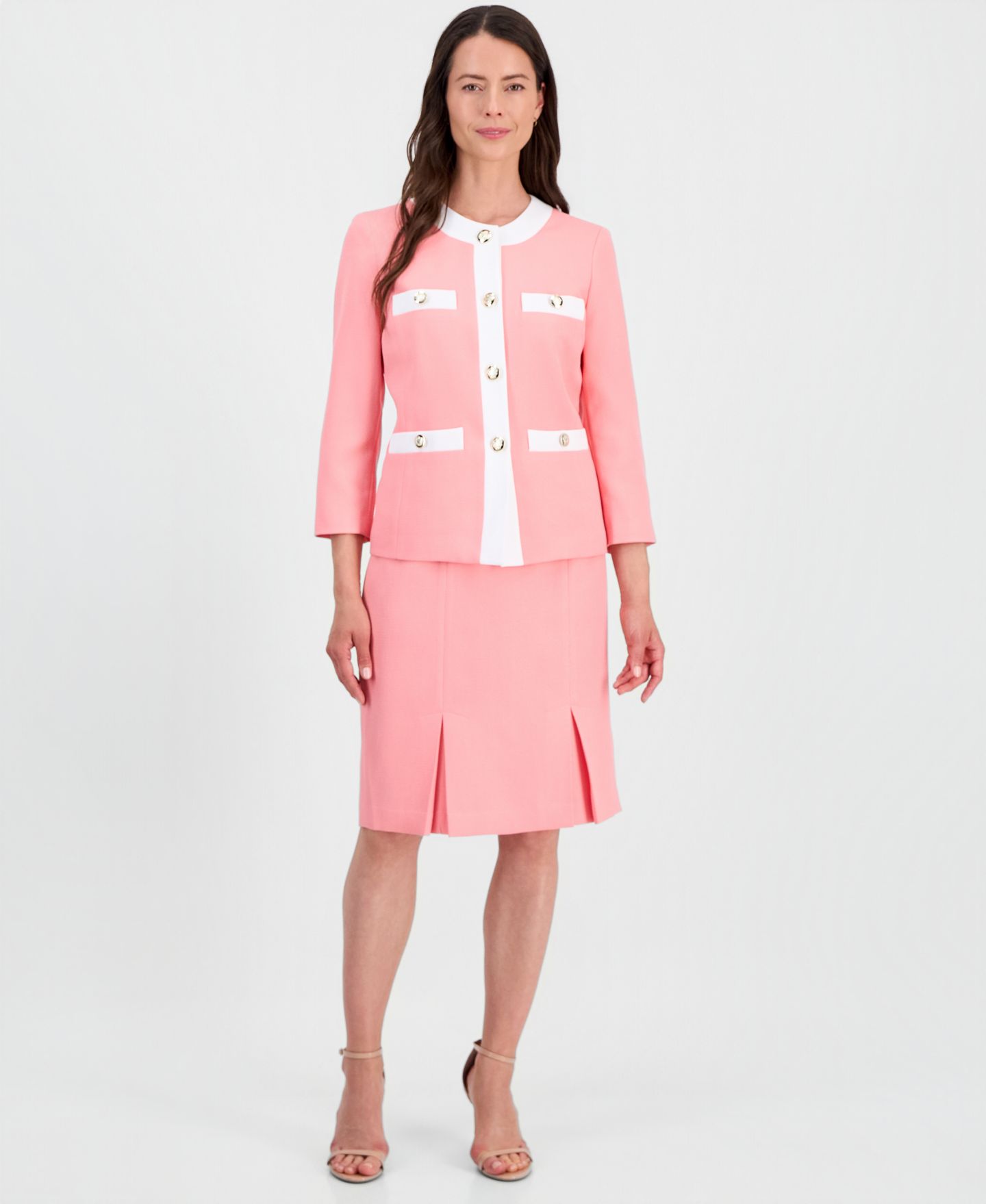 Женские юбки Le Suit Jewel-Neck Framed Jacket & Box-Pleat Pencil Skirt Suit, цвет: Фламинго / Белый — фото 1