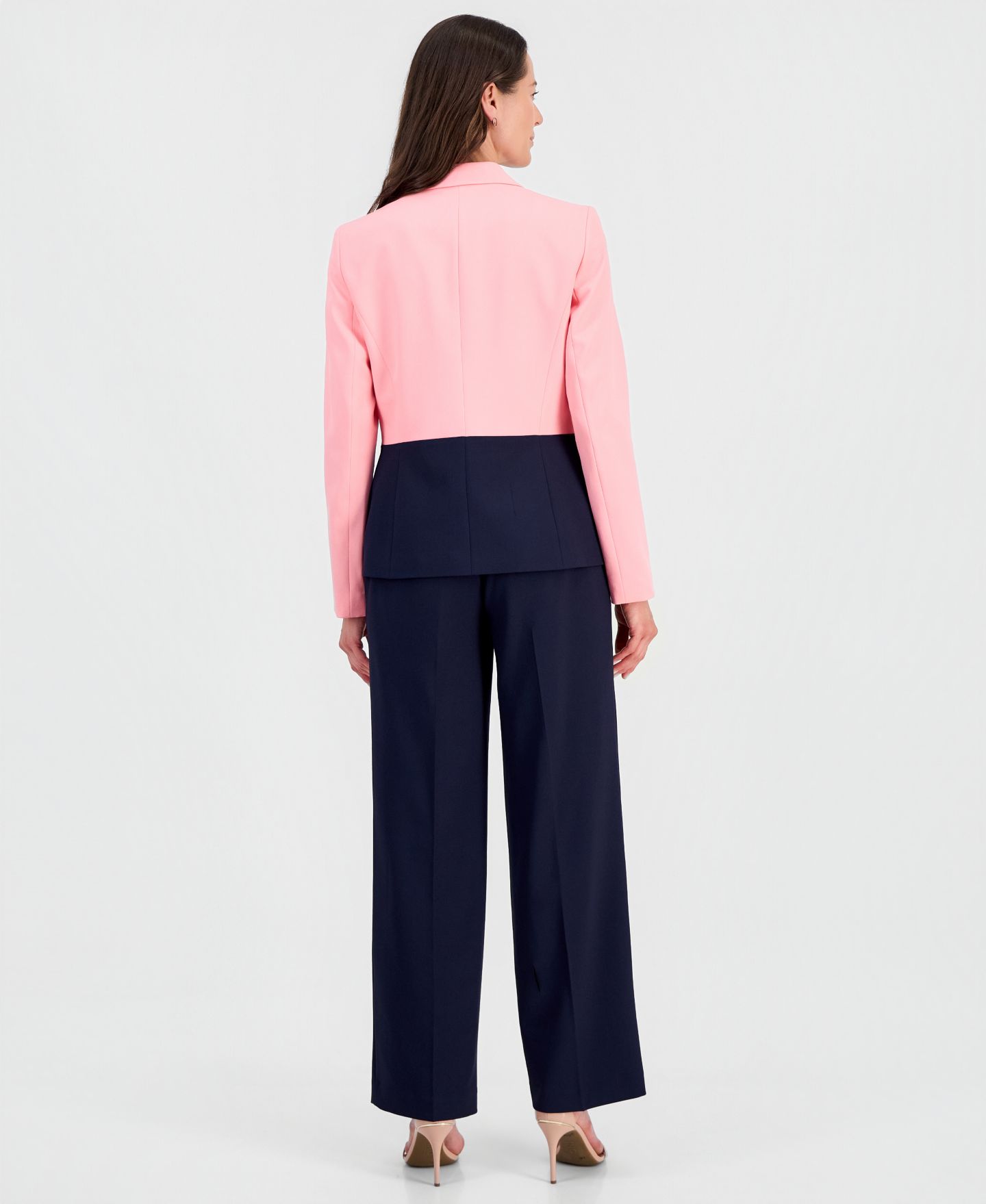 Женские комплекты Le Suit Colorblocked One-Button Peplum Jacket & Fly-Front Wide-Leg Pants Suit, цвет: Фламинго розовый / Тёмно-синий — фото 2