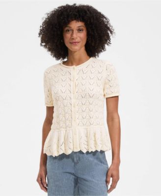 Women's Drifter Pointelle Ruffle Hem Cardigan Sweater