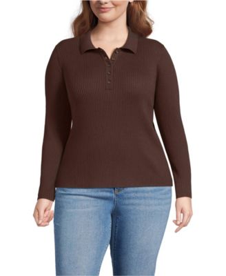 Plus Size Cotton Ribbed Long Sleeve Polo Sweater