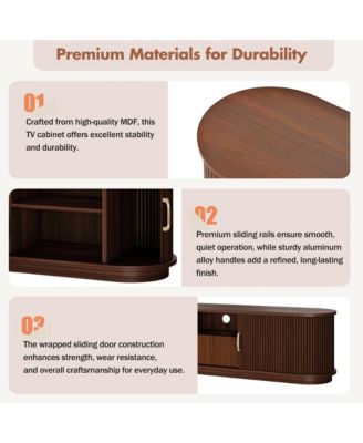 Fluted Entertainment Center for TVs Up to 75 Inches, Farmhouse Style Media Stand with Sliding Wood Slatted Doors and Drawer for Living Room