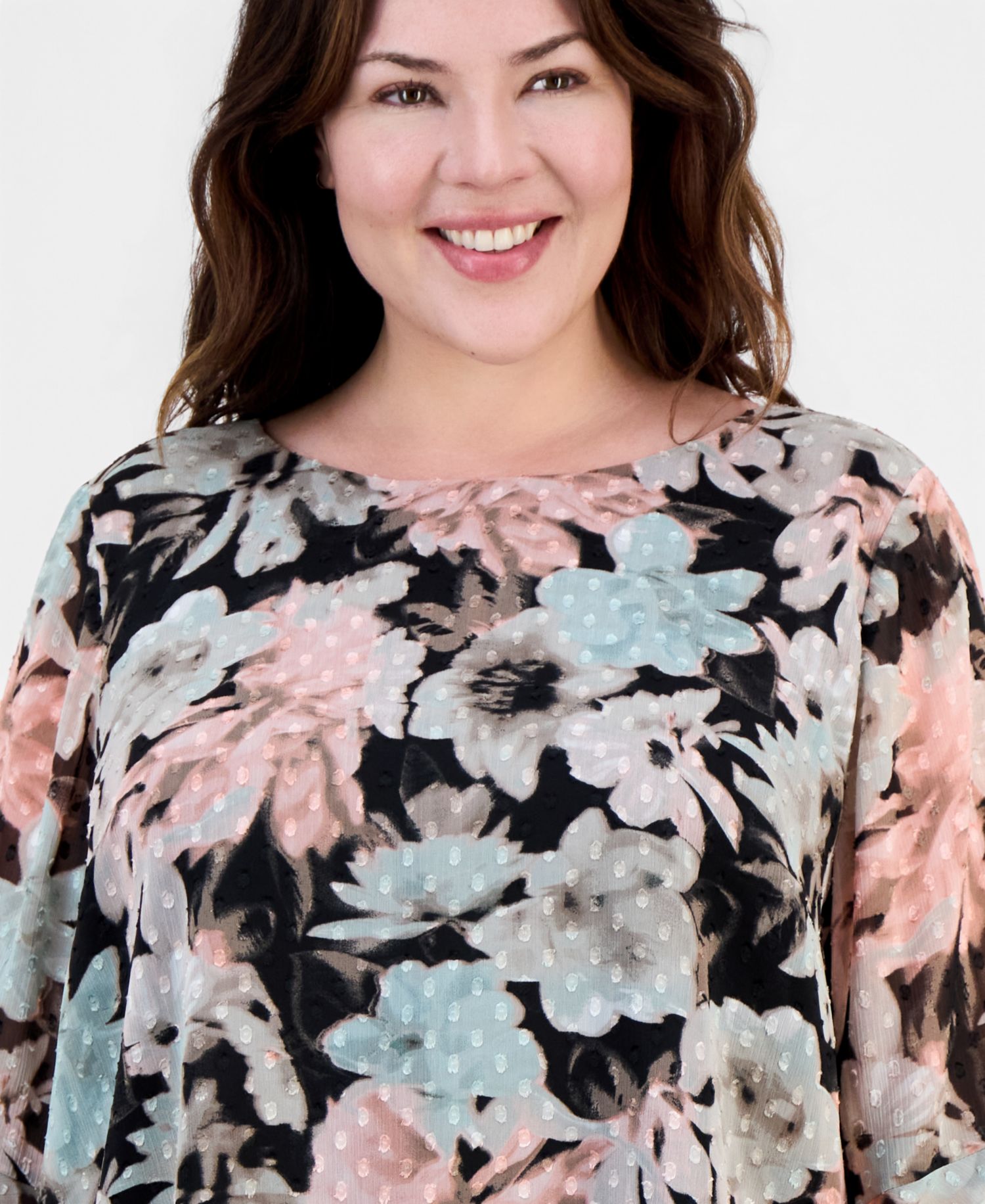Plus size Floral Clip-Dot 3/4-Sleeve Top
