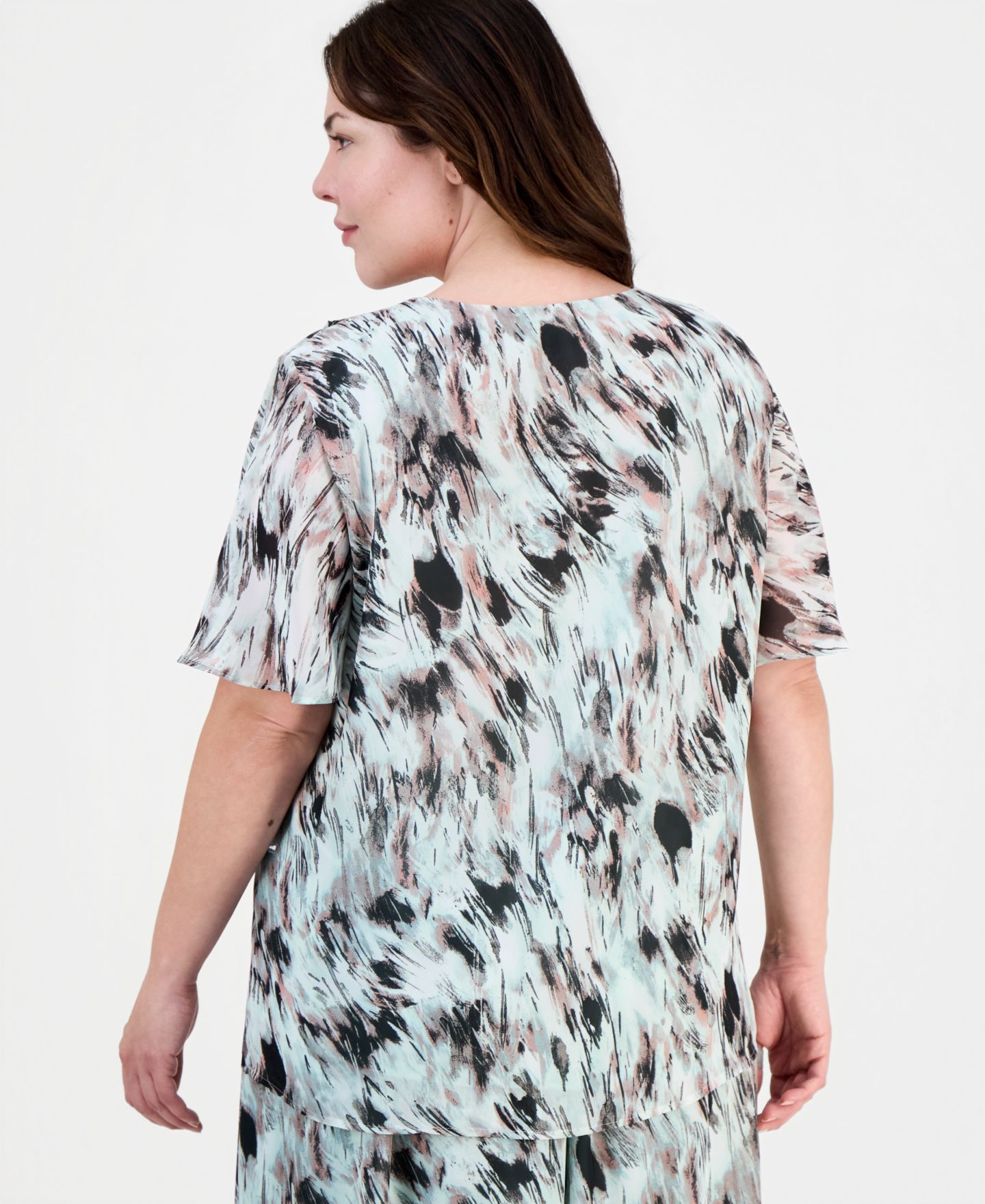 Женская блузка Kasper Plus Size Printed Ruffled Flutter-Sleeve Blouse, цвет: Морской разноцветный — фото 4