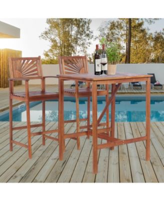 3-Piece Patio Acacia Wood Bar Set with Sunflower Pattern Backrest and Bar Table