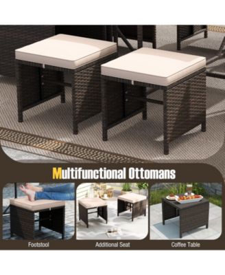 Set Of 9 Patio Dining Set with Tempered Glass Table and Ottoman Removable Cushions