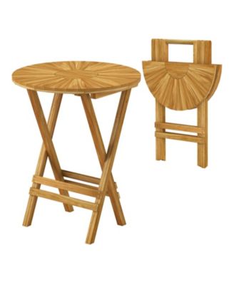 Folding Patio Teak Wood Round Side Table with Slatted Top and X Frame