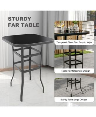 Patio Bar Height Table, Metal Frame Patio Bar Table Tempered Glass, Height High Top Outdoor Table for Backyard, Poolside and Garden