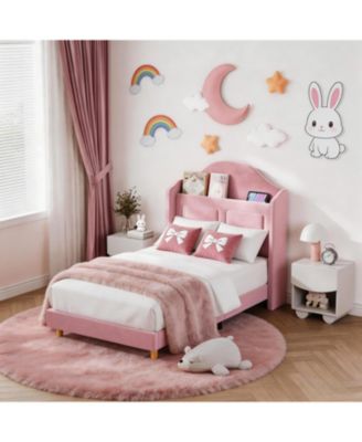 Upholstered Bed Frame with Led Lights, Velvet Platform Bed Frame with Wing Back Storage Headboard