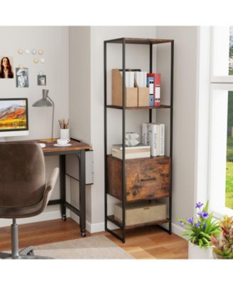 Narrow 5-Tier Bookcase with Open Shelves and Storage Drawer