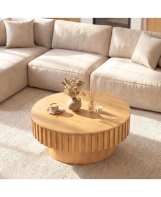 Modern Round Wooden Drum Coffee Table with Hidden Storage Compartment