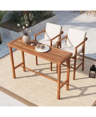 3-Piece Outdoor Dining Set with Acacia Wood Height Table and 2 Stools with Cushions