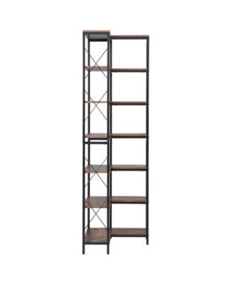 7-Tier Corner Bookshelf, 79" Tall, Metal Frame and Wooden Shelves, Industrial