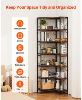 7-Tier Corner Bookshelf, 79" Tall, Metal Frame and Wooden Shelves, Industrial